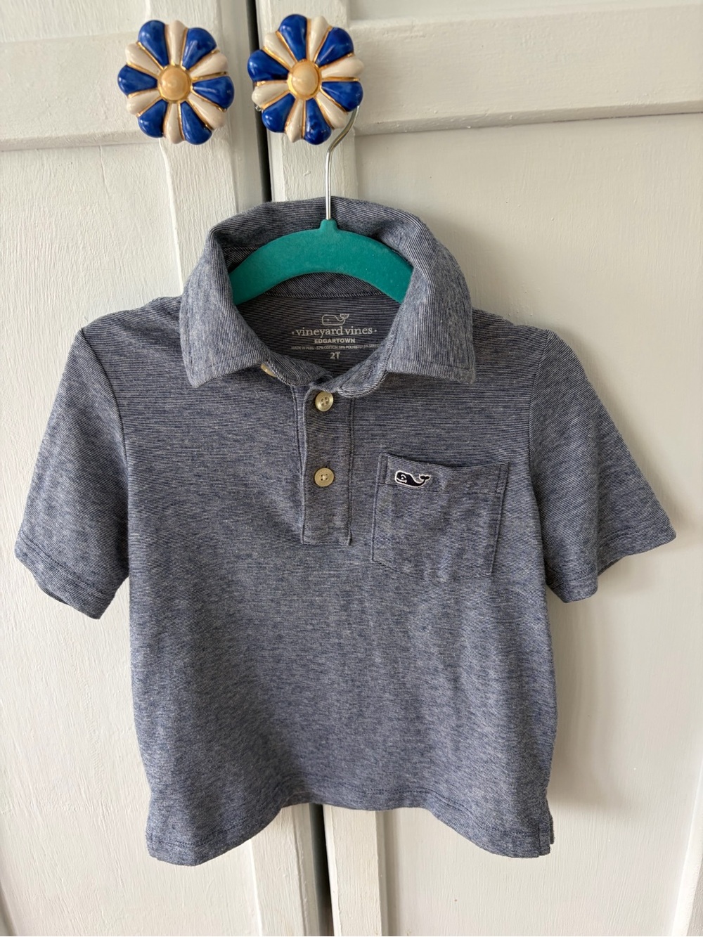 Vineyard Vines Boys' Heather Blue Gray Polo - Navy Whale Patch 2T